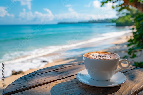 A cup of cappuccino on a rustic wooden table overlooking a beautiful beach with blue ocean and bright sky in the background.