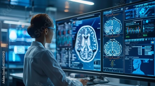 A medical professional examines brain scans on a large monitor in a modern diagnostics center