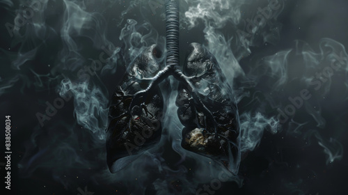 Close-up of a smoker's lungs on a dark background. Black lung demonstrating the harm from smoking. Nicotine addiction. Bad habits concept.