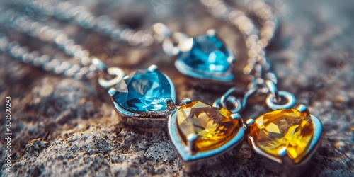 Minimalistic composition: Silver necklace with pendant in the shape of a blue and yellow heart and silver earrings in the shape of blue and yellow hearts.
