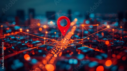 Urban cityscape with a red map pin and web of connections, indicating city destination and technological network, sleek, contemporary