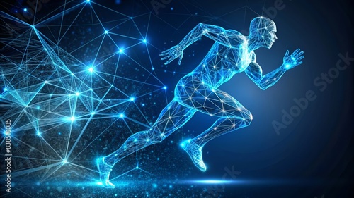 Runner with digital structure and blue glow - This depicts a stylized human figure in motion, digitally structured with a vibrant blue glow, symbolizing movement and technology