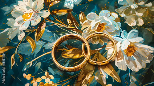 golden rings on floral backdrop symbolize eternal love and commitment. generative ai