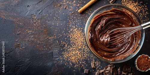 Minimalistic composition: Chocolate muffin batter being mixed in a glass bowl, whisking cake batter in a glass mixing bowl, the process of making chocolate muffins