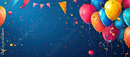 Blue birthday card background decorated with colorful balloons and glitter.