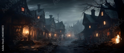 Halloween night scene with haunted house in fog. 3d rendering