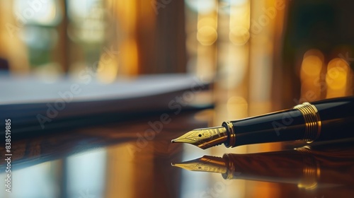 Tip of gold and black luxury fountain pen on brown table