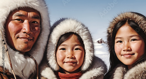 An eskimo family, father and his two children.