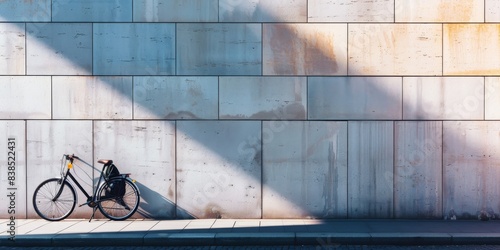 Minimalistic composition: A creative and eye-catching image of a bicycle leaning against a building, with a bag on the seat. The silhouette of the bicycle is used to create an abstract and minimalis