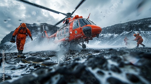 Dynamic action shot of a red rescue helicopter landing on a rocky shore with crew members in safety gear