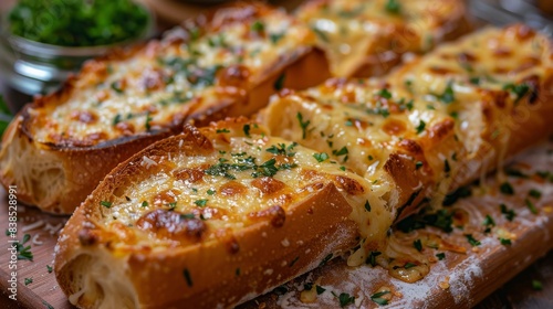 Fresh cheesy garlic bread with herbs on a wooden board, with a blurred face overlay