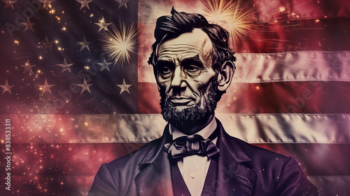 Artistic Representation of Abraham Lincoln with American Flag and Fireworks - Patriotic Digital Art for Presidents Day and Independence Day