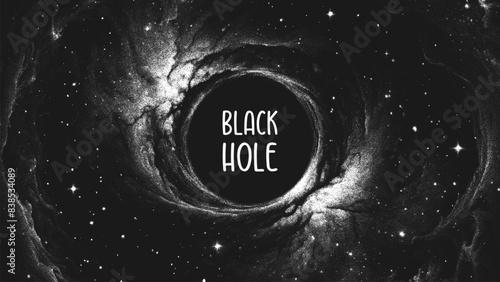 Massive Black Hole in deep space spiral galaxy in circle shape for banner, poster or book cover. Universe and wormhole. Stippling style. Dotwork. Pointillism. Shading using dots. Vector illustration