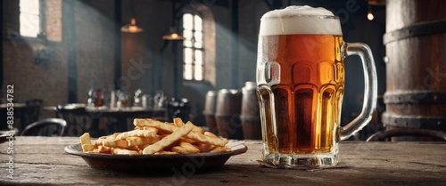 Cold beer in glass and snacks food on counter desk wooden old table. Generated AI