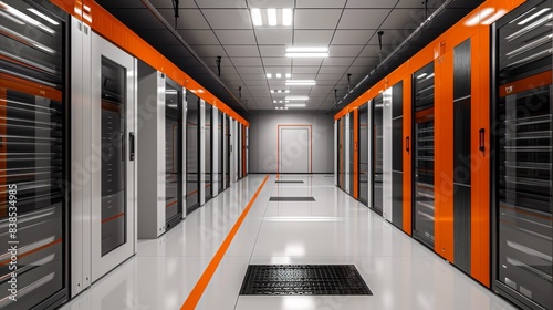 A long hallway with orange and white cabinets in a data center, AI