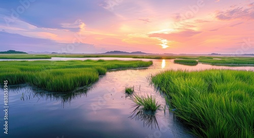 Marsh Plant. Panoramic Landscape with Heron in Sunset at Thalaynoi, Phatthalung, Thailand