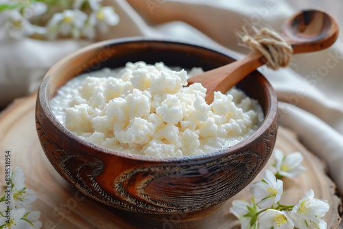 kefir grains in a wooden plate