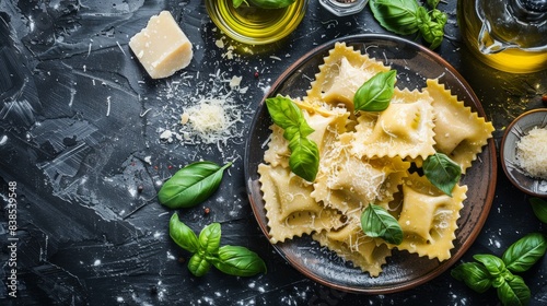 Freshly prepared Italian pasta with basil, parmesan cheese, and tomatoes on a dark background Ideal for cuisine, cooking, and Italian culture themes