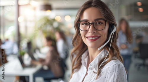 middle-aged brown haired female telemarketer customer support call center wearing a headset against the background of coworkers in a bright office room