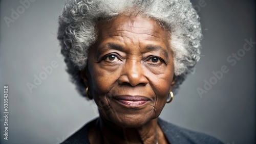 Close-up portrait of a senior old black African American woman with grey hair in a studio setting , African American, senior, old, woman, grey hair, studio, portrait, black, African, American