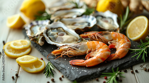 Seafood platter with shrimp. Fresh oysters and sliced lemons