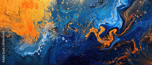 mix of dark blue and orange abstract art sea channel estuary air bubbles in ink splash style flowing acrylic painting background