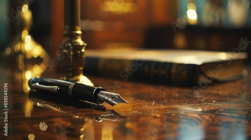 Classic black luxury fountain pen on brown wooden table