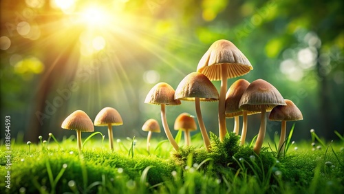 Mushrooms growing in lush green grass , Fungi, nature, field, organic, vegetation, outdoors, wild, forest floor, mushrooms, mycology, plant life, spores, mycelium, fungus, damp, earthy