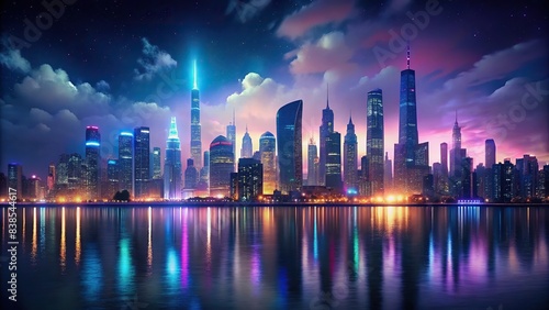 Nighttime view of New York City skyline, illuminated with colorful lights and reflections on the water, New York City, skyline, night, lights, reflection, water, urban, cityscape
