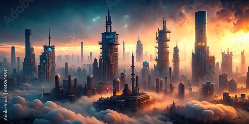 Futuristic megapolis city shrouded in mysterious fog with generative AI, scifi, dark, urban, technology, futuristic, architecture, skyline, foggy, artificial intelligence, cityscape