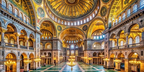 Ornate interior with goldleaf mosaics and frescoes, Hagia Sophia Grand Mosque in a former Byzantine church, Istanbul, Turkey, Hagia Sophia, Grand Mosque, interior, goldleaf, mosaics