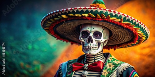 Skeleton in Mexican traditional costume and sombrero hat for Dia de Muertos celebration , skeleton, Mexican, traditional, costume, sombrero hat, Dia de Muertos, Day of the Dead, festive
