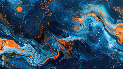 mix of dark blue and orange abstract art sea channel estuary air bubbles in ink splash style flowing acrylic painting background