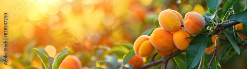 Close-up panoramic image of ripe juicy apricots on a green tree branch.