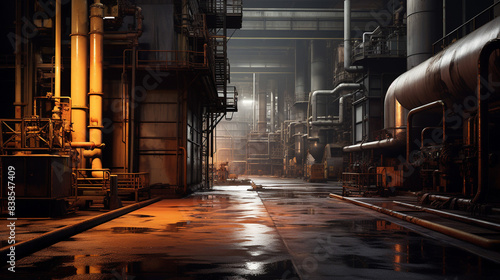 Dimly Lit Industrial Factory Interior with Reflections