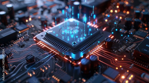 "Visualize the Concept of an Advanced Mobile Microprocessor Chip Connecting with a Motherboard, Activating the Entire System. Energy Pulse Expands after CPU is Connected to Socket."