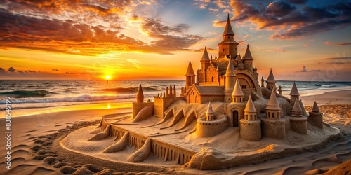 Golden hour at the beach with a stunning sandcastle , beach, sand, castle, golden hour, sunset, ocean, waves, peaceful, tranquil, serene, beauty, coastline, sandy, shore, vacation, relaxation