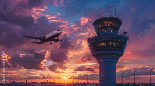 A commercial airplane lands near an airport control tower with a vibrant sunset and dramatic clouds in the background
