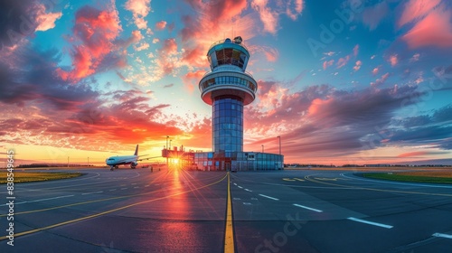 The sunset casts a warm glow over an airport control tower and terminal with an airplane and vibrant sky