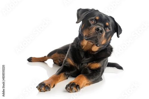 best photograph of a sitting Rottweiler with its head tilted in curiousity isolated on a pure white featureless background 