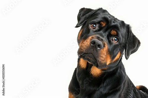 best photograph of a sitting Rottweiler with its head tilted in curiousity isolated on a pure white featureless background 