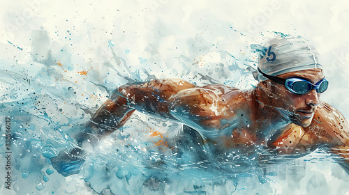 A watercolor painting of a swimmer with a swimming cap and goggles. Generated by AI.