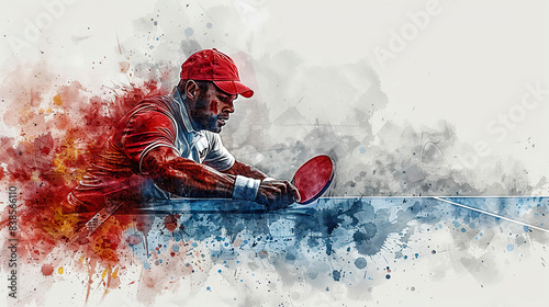 A table tennis player preparing for a serve in a watercolor style. Generated by AI.
