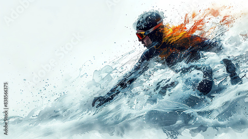 A skier in a black and orange suit races through a snowstorm, captured in a dynamic and abstract watercolor style. . Generated by AI