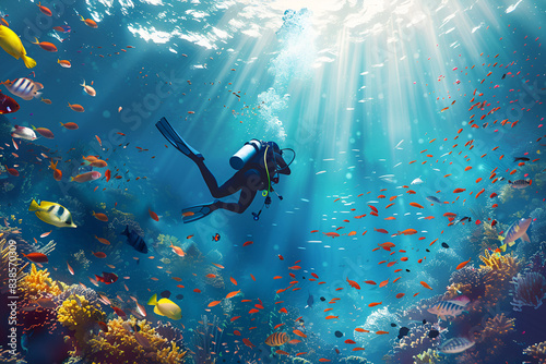 Female scuba diver swimming underwater in pristine tropical fish coral reef sea clear blue