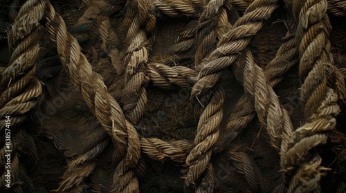 An overhead shot of an entire rope ladder comprised of multiple worn ropes with smooth patches areas of frayed strands and wornin knots capturing the essence of its rough and rugge