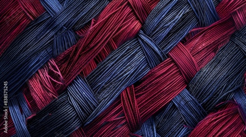 Fine lines of intertwined threads form a mesmerizing lattice pattern in shades of burgundy and navy creating a striking visual texture