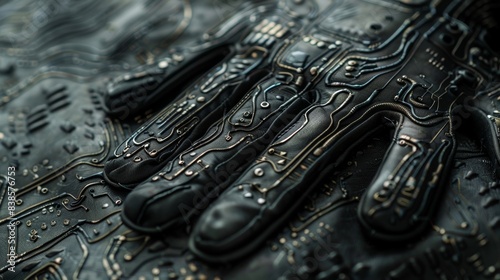 A macro shot of the back of a glove revealing a deep embossed design that resembles a futuristic circuit board
