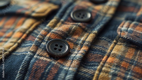 Button Detail The focus of this closeup texture image is on the buttons of the flannel shirt showcasing their smooth rounded edges and adding a touch of sophistication to the overal