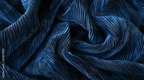 A rich dark blue viscose fabric with a subtle matte finish featuring a multitude of tiny ribbed lines adding depth and a velvety softness